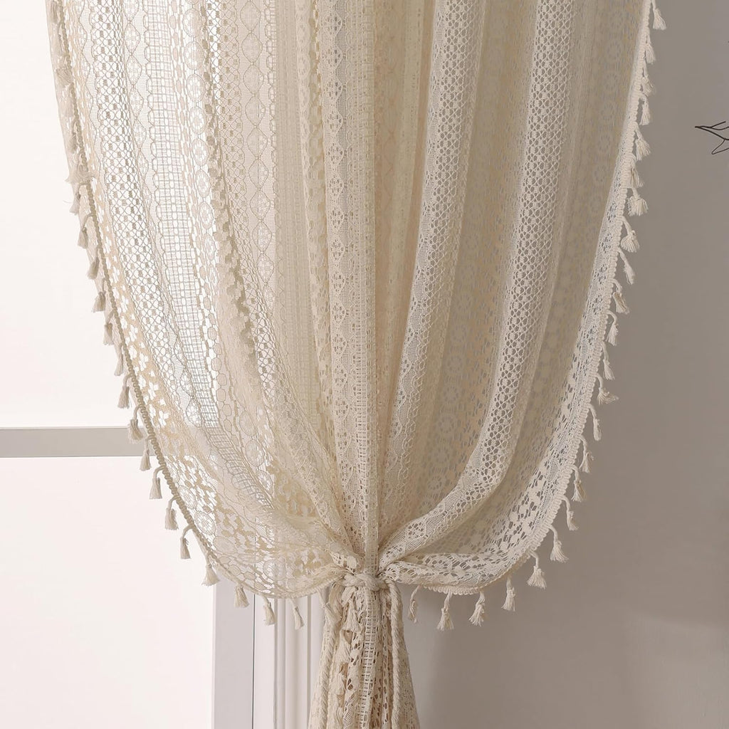 Boho Crochet Curtains for Living Room Lace Curtains 84 Inches Long 2 Panel, Rod Pocket Vintage Tassel Bohemian Decor