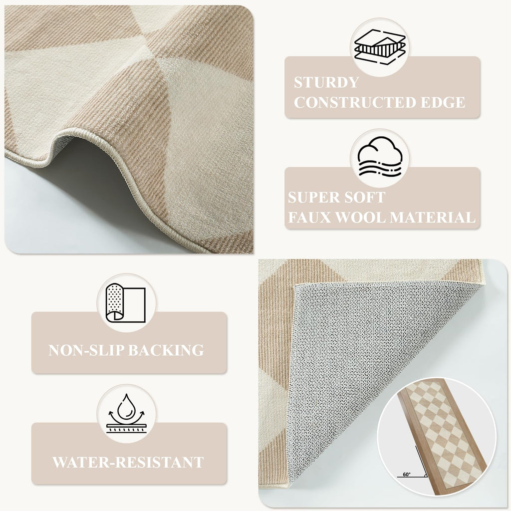 Checkered Print Carpet Runners 12ft, Beige Neutral Washable Long Hallway Runner Rug, Moroccan Gingham Diamond