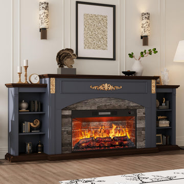 80" Fireplace TV Stand with Mantel, Navy Blue Entertainment Center with Brown Wood-Look Top & Gold Carved Accents