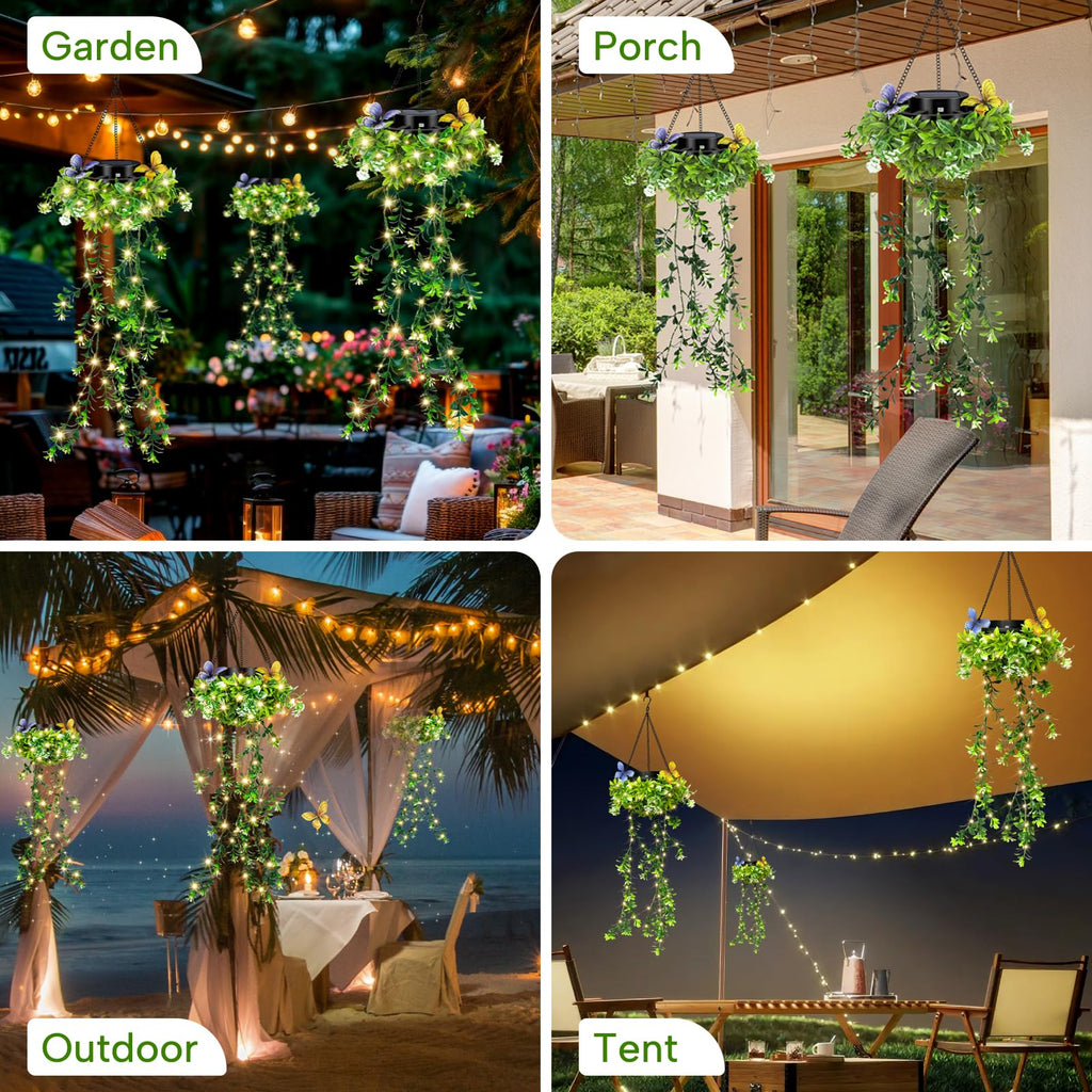 Solar Hanging Garden Lights, 4 Pack 66 LED Outdoor Lights with Realistic Milan Grass & White Flowers, IP65 Waterproof