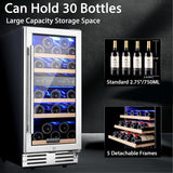 15 Inch Dual Zone Wine Fridge, 30 Bottle, Black 15” Wine Cooler Under Counter Fo