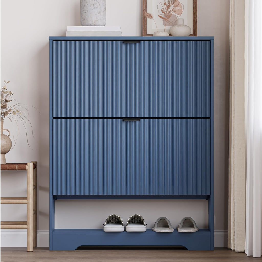 Shoe Cabinet with 2 Flip Drawers, Fluted Shoe Storage Cabinet with Adjustable Shelves, Freestanding Rack and