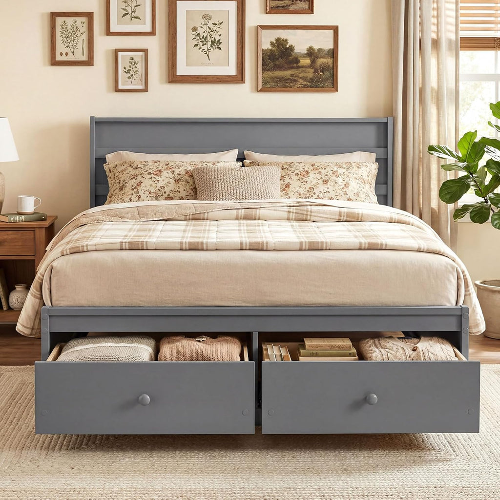 Full Size Wood Platform Bed Frame with 2 Storage Drawers and Headboard, Enclosed Base, Grey