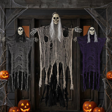 Scary Hanging Ghosts,Halloween Grim Reaper Skeleton Halloween Decor. - Set of 3