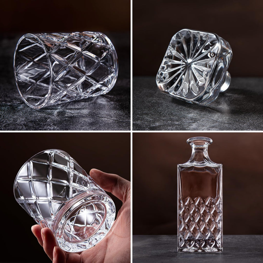 Whiskey Decanter Set, Italian Crystal Decanter with 4 Whiskey Glasses in Gift Box - Bourbon Decanter for Scotch - Set of 5