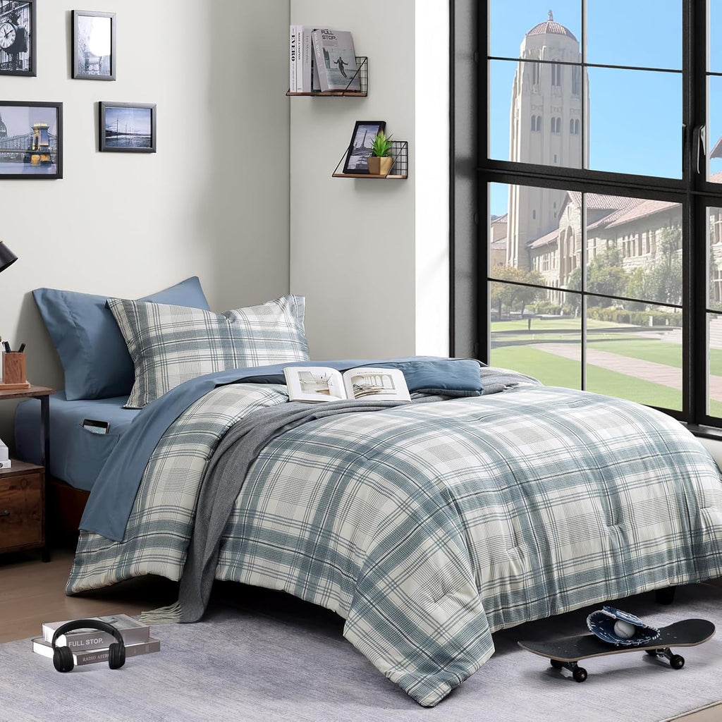 Twin XL Comforter Set, Blue Grey Plaid Bedding Set 5 Piece for Boys Girls Teen, Classic Homestead-Style Kids