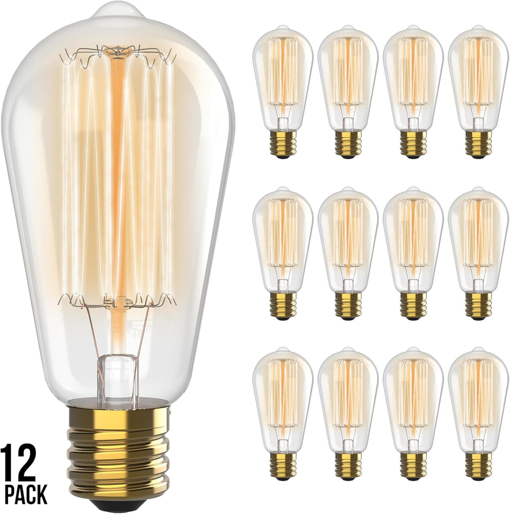 Vintage Edison Incandescent 60W 12-Pack Light Bulbs - Antique ST64 Dimmable 2100K Warm Decorative Squirrel Filament