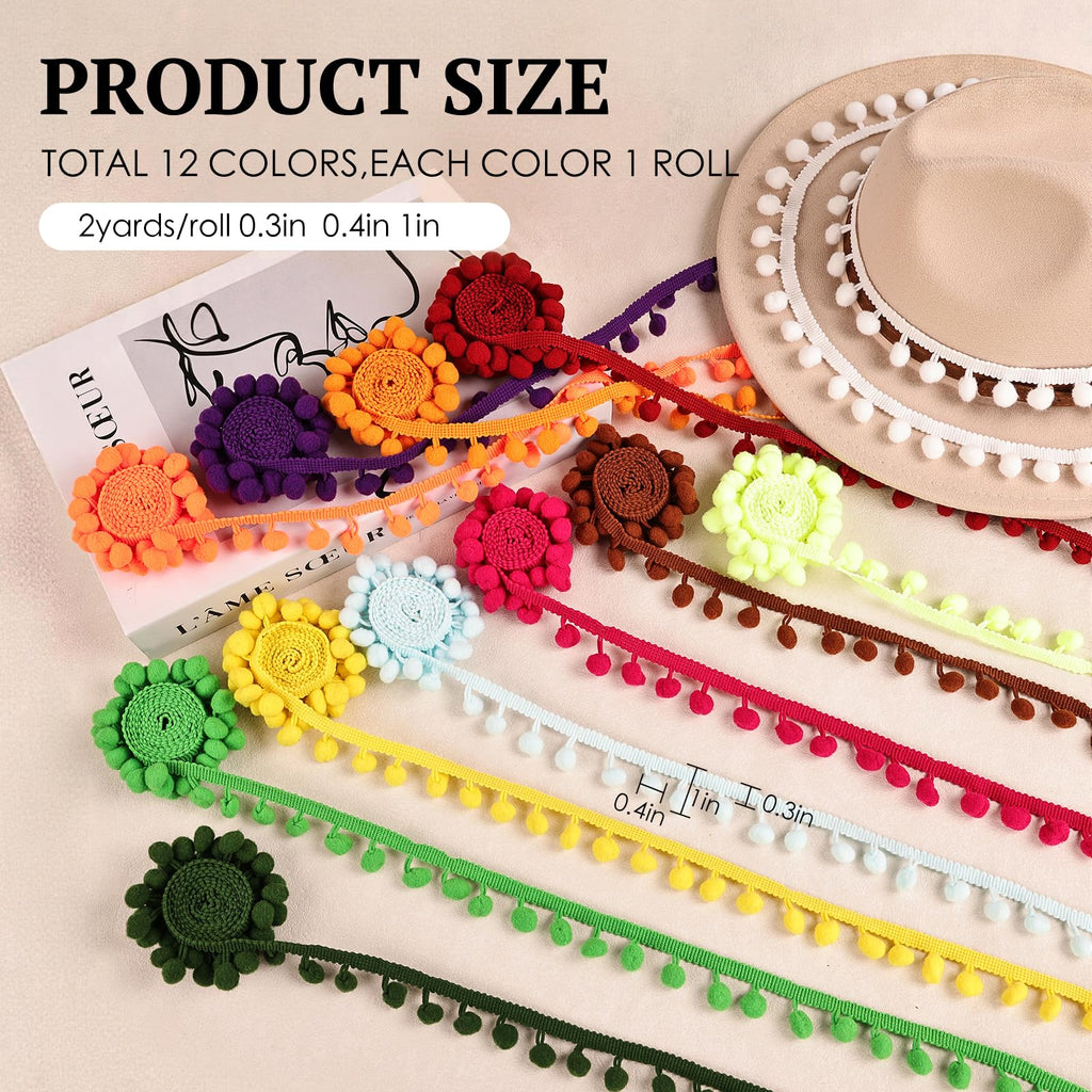 Pom Pom Trim - 12 Colors (2 Yards Per Color) 1 Inch Wide Pompom Tassel Edging for DIY Sewing Dress Hems - 24 Yards