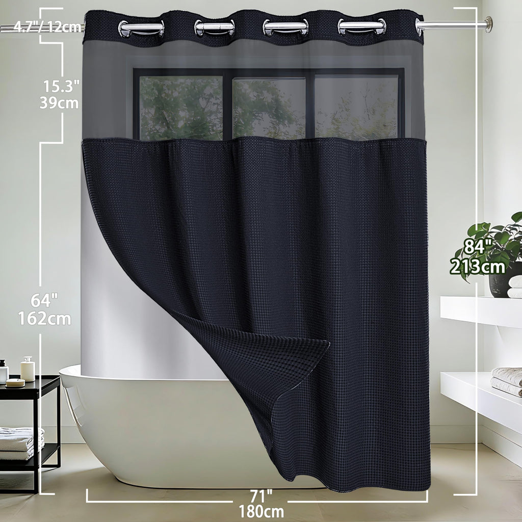 Extra Long No Hook Waffle Weave Shower Curtain with Snap in Liner Set, Hotel Luxury Black Shower Curtains with See