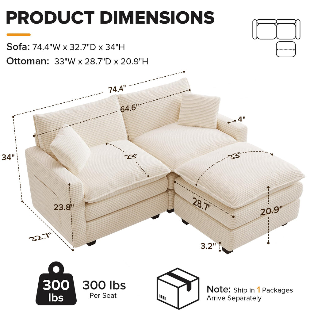 74" Cloud Loveseat with Movable Ottoman, L Shaped Modular Sectional Sofa