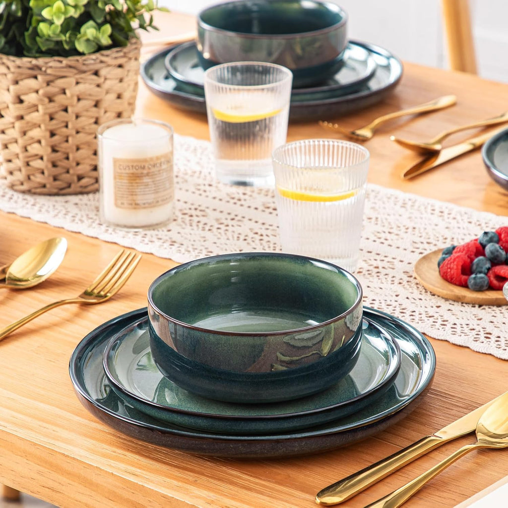Starry 12 Pieces Dinnerware Sets for 4, Green Reactive Glaze Dishes Sets, Ceramic Plates and Bowls Set