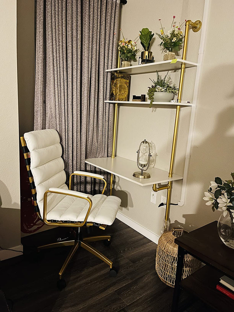 White and Gold Desk, 36" Ladder Desk, Wall Mount Computer Writing Table Pipe Shelf Shelving Mini Narrow Industrial