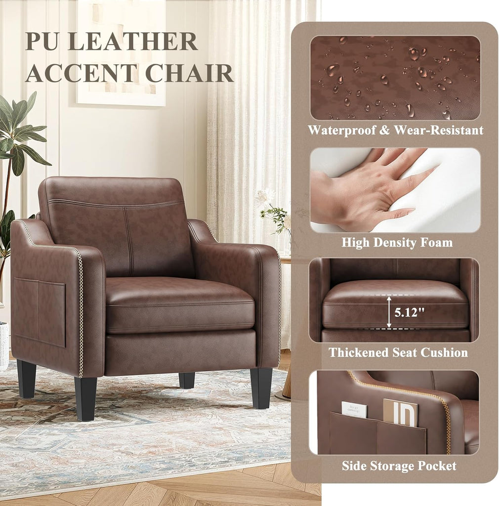 PU Leather Accent Chair, Mid-Century Modern Living Room Armchair Sofa with Removable Cushions, Solid Wood Frame &