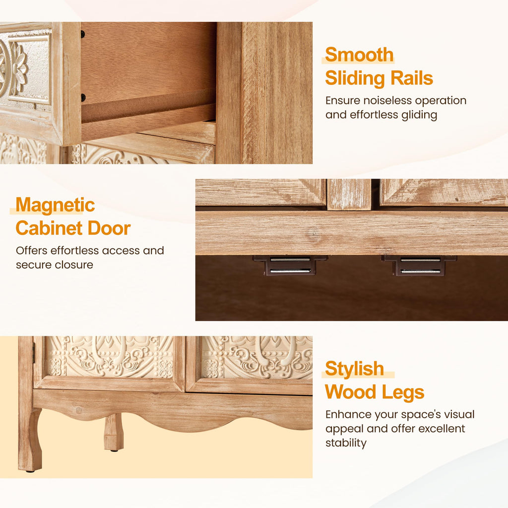 Sideboard Buffet Cabinet, Solid Wood Accent Cabinet with 2 Carved Doors and 2 Drawers, Vintage Credenza, Natural Oak