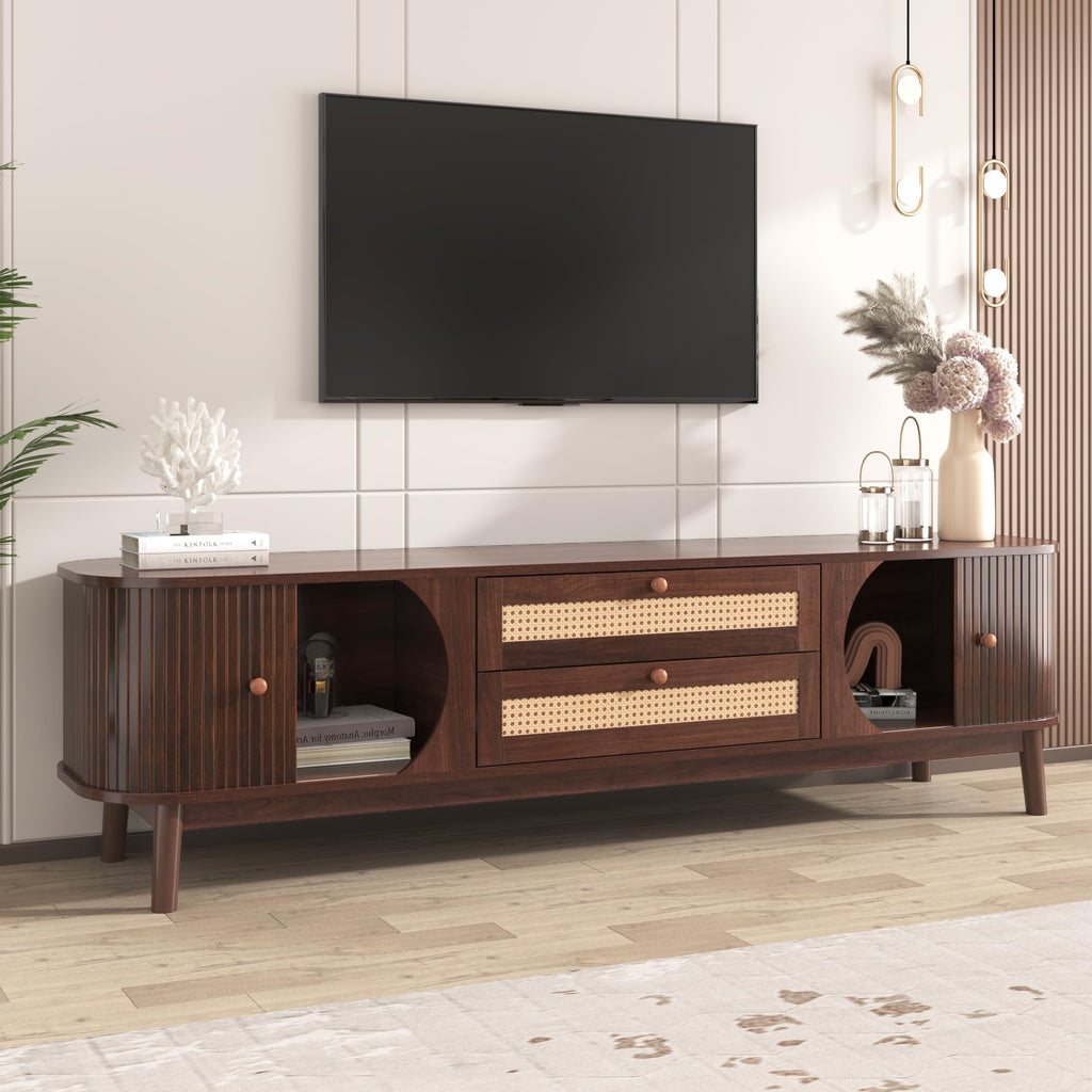Rattan TV Stand for TVs up to 75", Modern Farmhouse Media Console with Multi-Functional Storage, Boho Entertainment