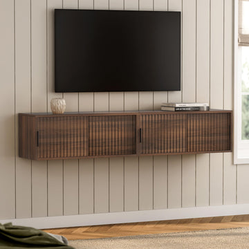 Large Floating TV Stands Set of 2, Modern Fluted Nightstands Wall Mounted Bedside Table Storage Cabinet with Sliding