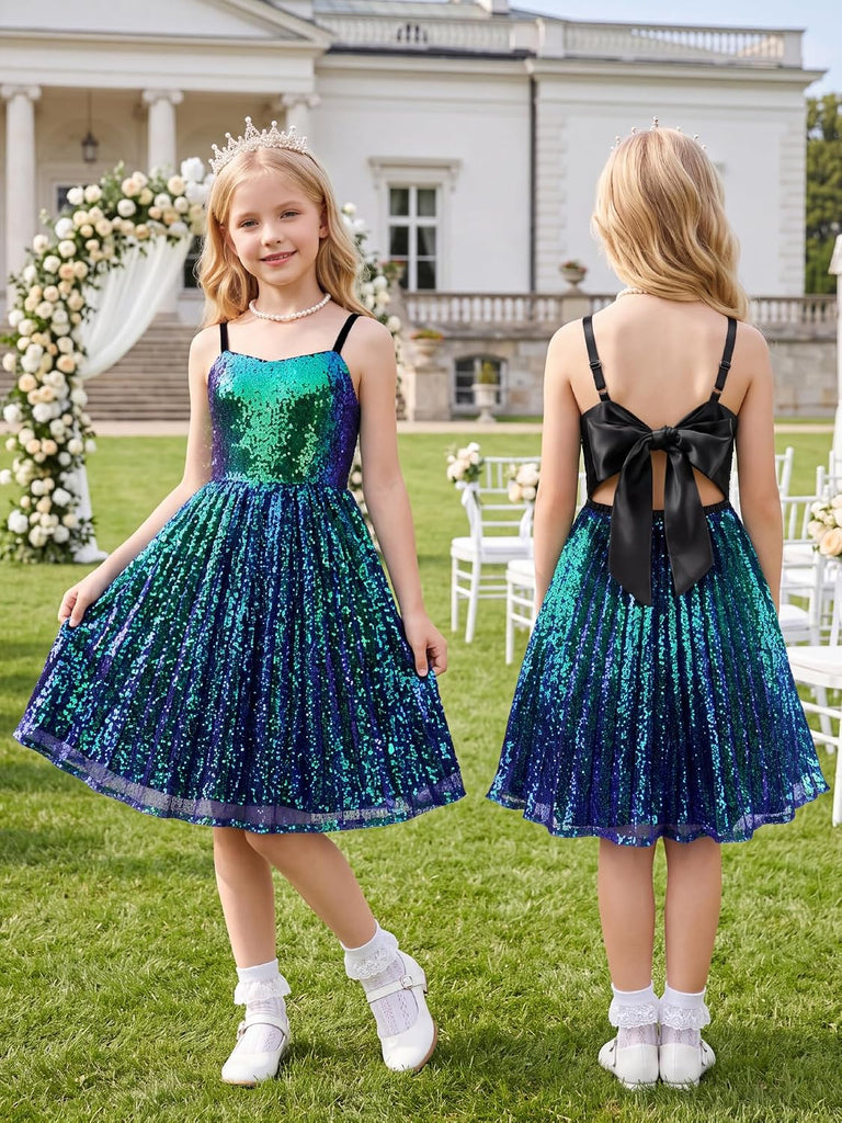Girls Sequin Formal Dress Birthday Party Prom Tie Back Fancy Dresses