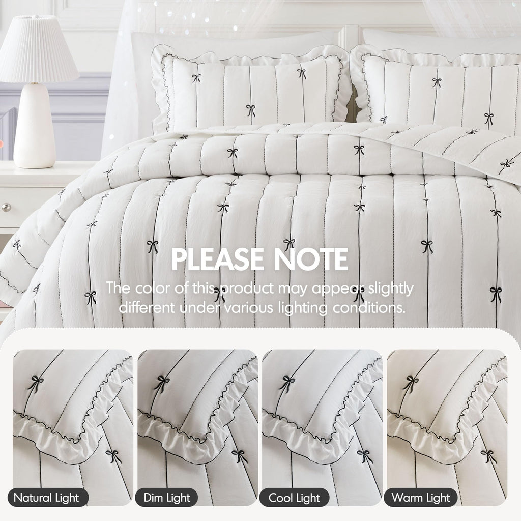 Bow Embroidered Ruffle Black Quilt Set, 3pc