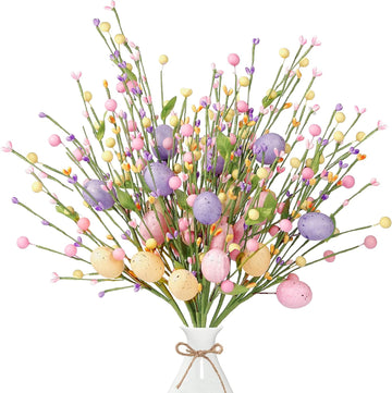 Artificial Easter Stems Spring Berry Picks with Eggs Colorful Berries Leaves Twig Branches Sprays for Easter - Set of 6
