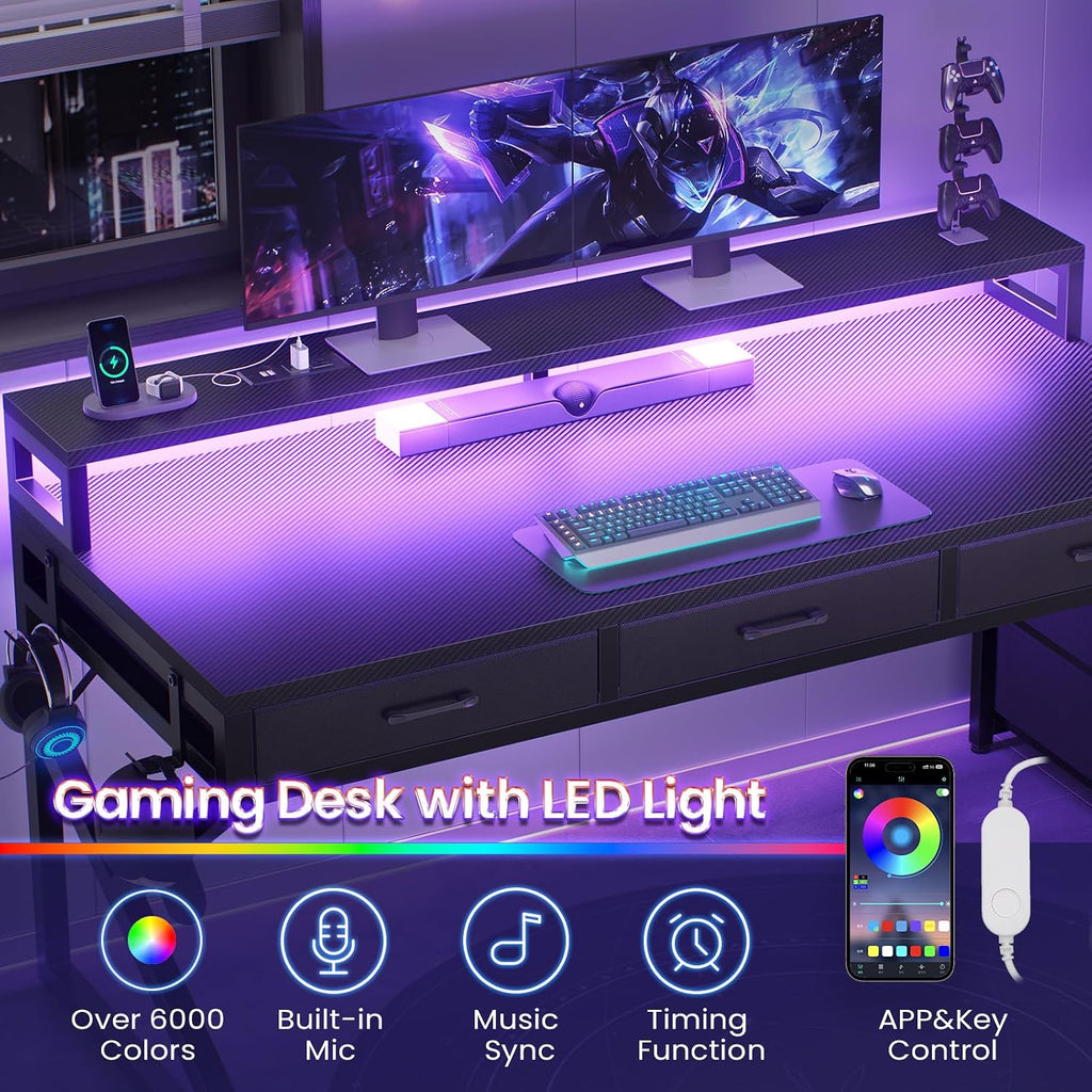 55" Gaming Desk with 6 Drawers and Hutch, Reversible, LED Lights | PC Desk with LED Lights,Power Outlet,Corner