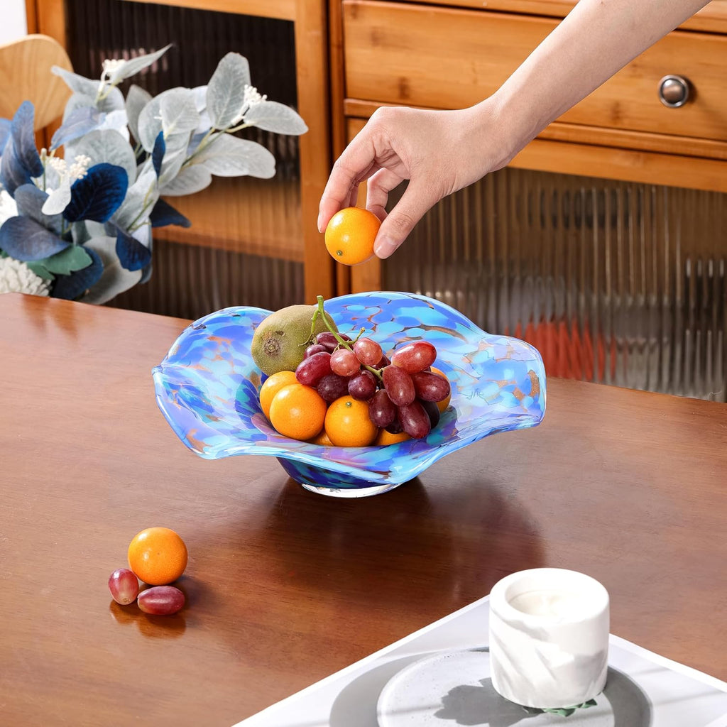 Hand Blown Murano-style Art Glass Bowl, 10.2-Inch Large Decorative Centerpiece for Table, Cobalt Blue Fruit Display &