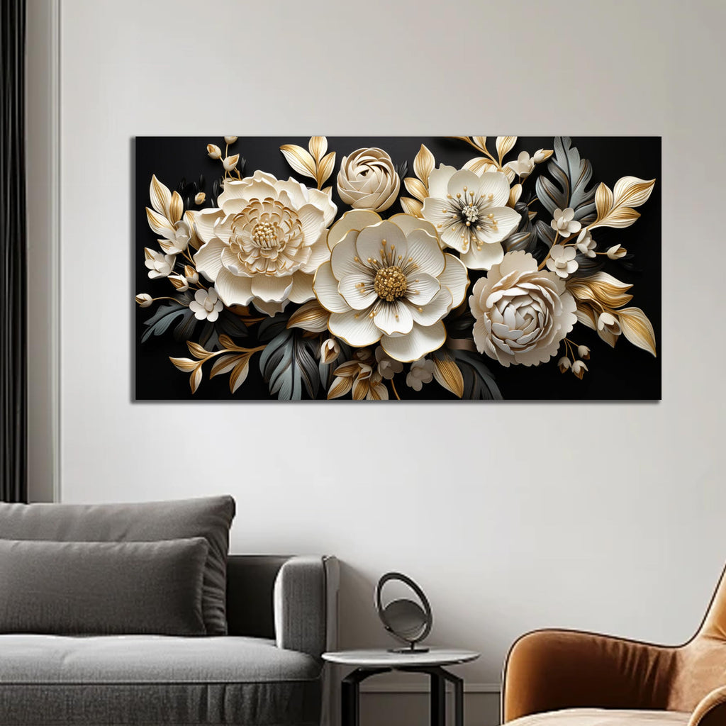 Large Gold and Black Flower Wall Art Botanical Picture Modern Artwork Office Teen Girls Room Kitchen 20x40 Inch