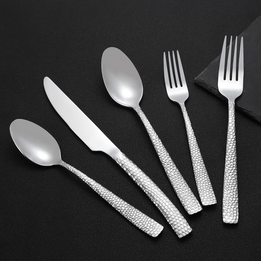 30-Piece Silver Silverware Set, Heavy Duty Hammered 18/10 Stainless Steel Flatware Set for 6, Food-Grade Cutlery Set