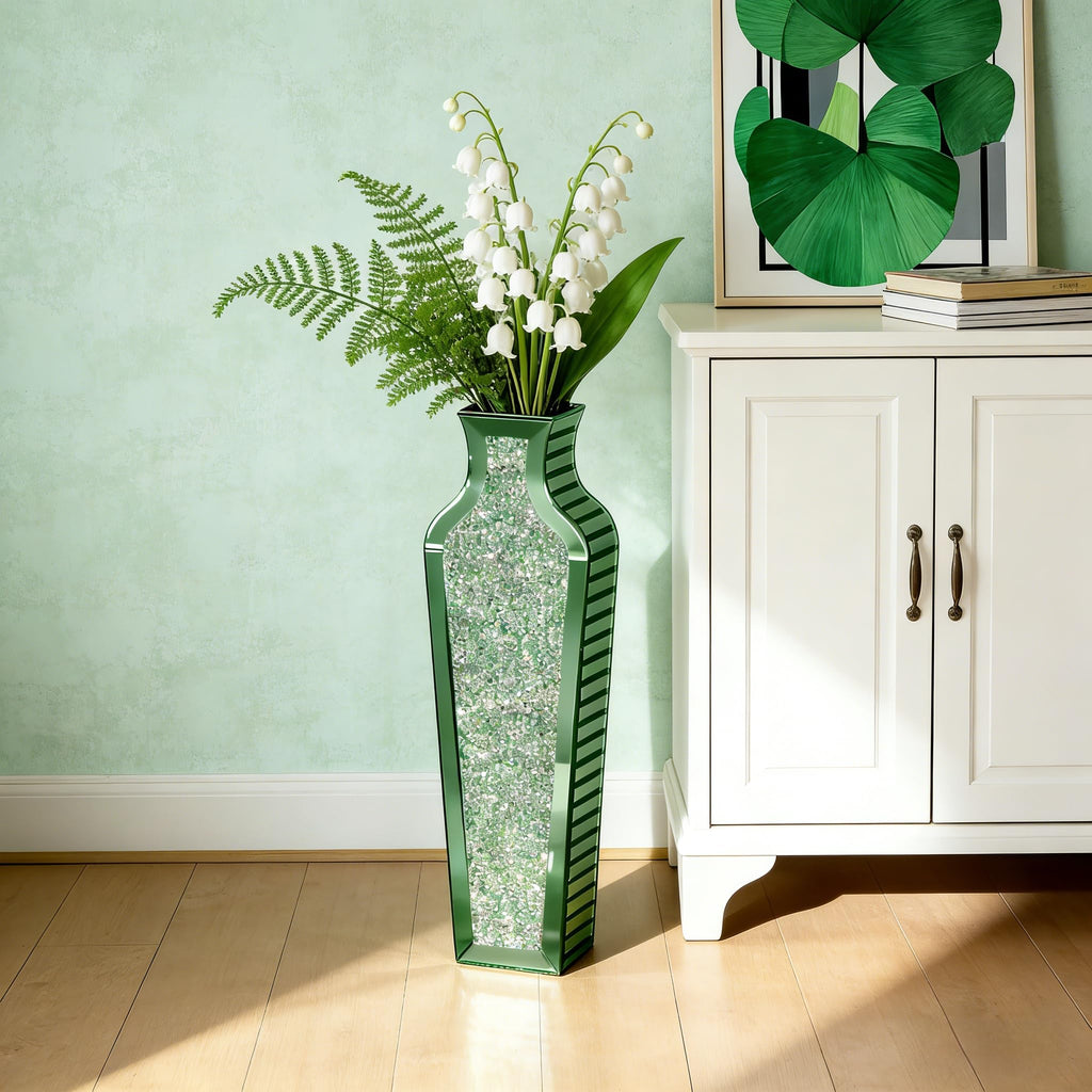 Green Crushed Diamond Floor Vase, Large Mirrored Tall Vases for Floor, Modern Glass Decorative Vases Bedroom Home