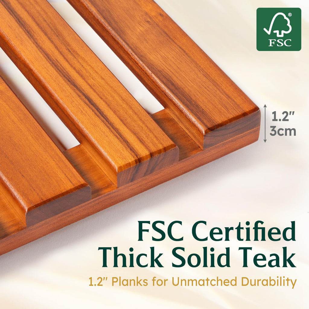 40"x18" Extra Large Teak Shower Mat, Non‐Slip Solid Wood Bath Mat