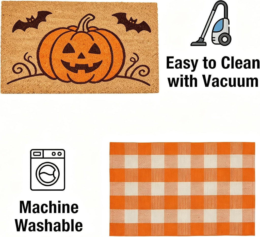 Halloween Pumpkin Layered Doormat, Coco Coir Door Mat Orange White Buffalo Plaid Rug, 2 Pcs Outdoor Mat Set for Front