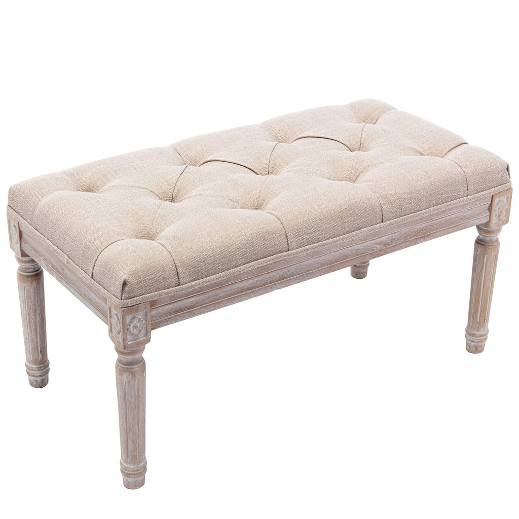 Fabric Entryway Bench with Button Tufted Seat and Rustic Wood Legs, Vintage Bedroom Bench End of Bed, Padded Extra