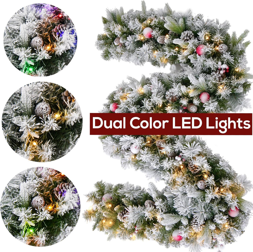 9FT Flocked Prelit Garland with Dual Color LED Lights and Timer by Remote Control and Batteries Operated, Home Mantle