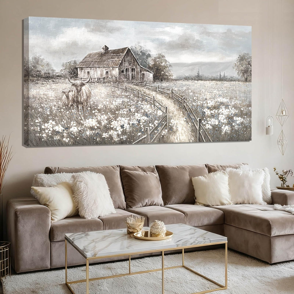 Neutral Greige Highland Cow Canvas Wall Art, Rustic Country Cottage Landscape with Meadow Flowers, Large Horizontal