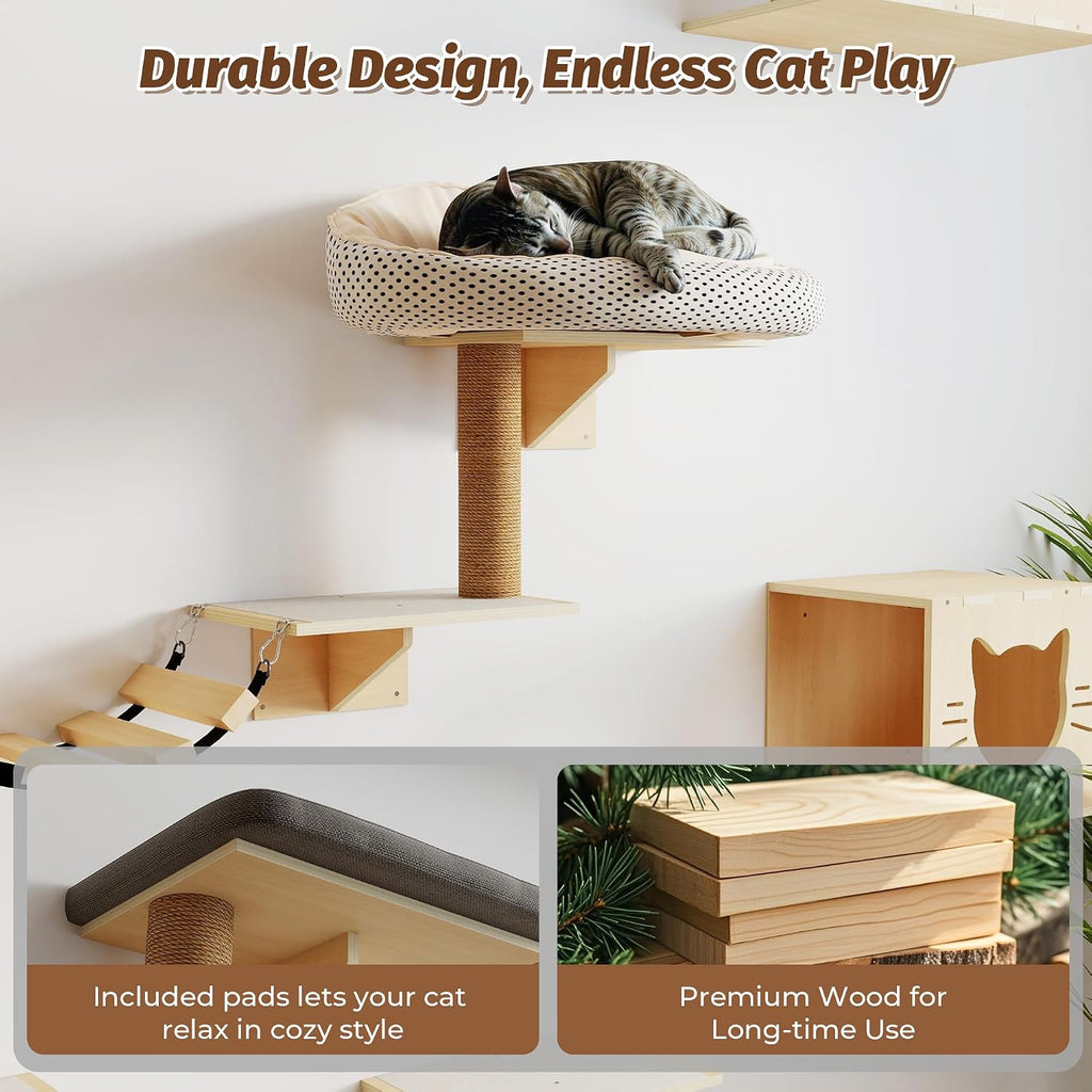 Cat Wall Shelves, Wood 8-in-1 Cat Wall Furniture Set, Large Cat Shelves for Wall with Scratching Post, Cat Climbing