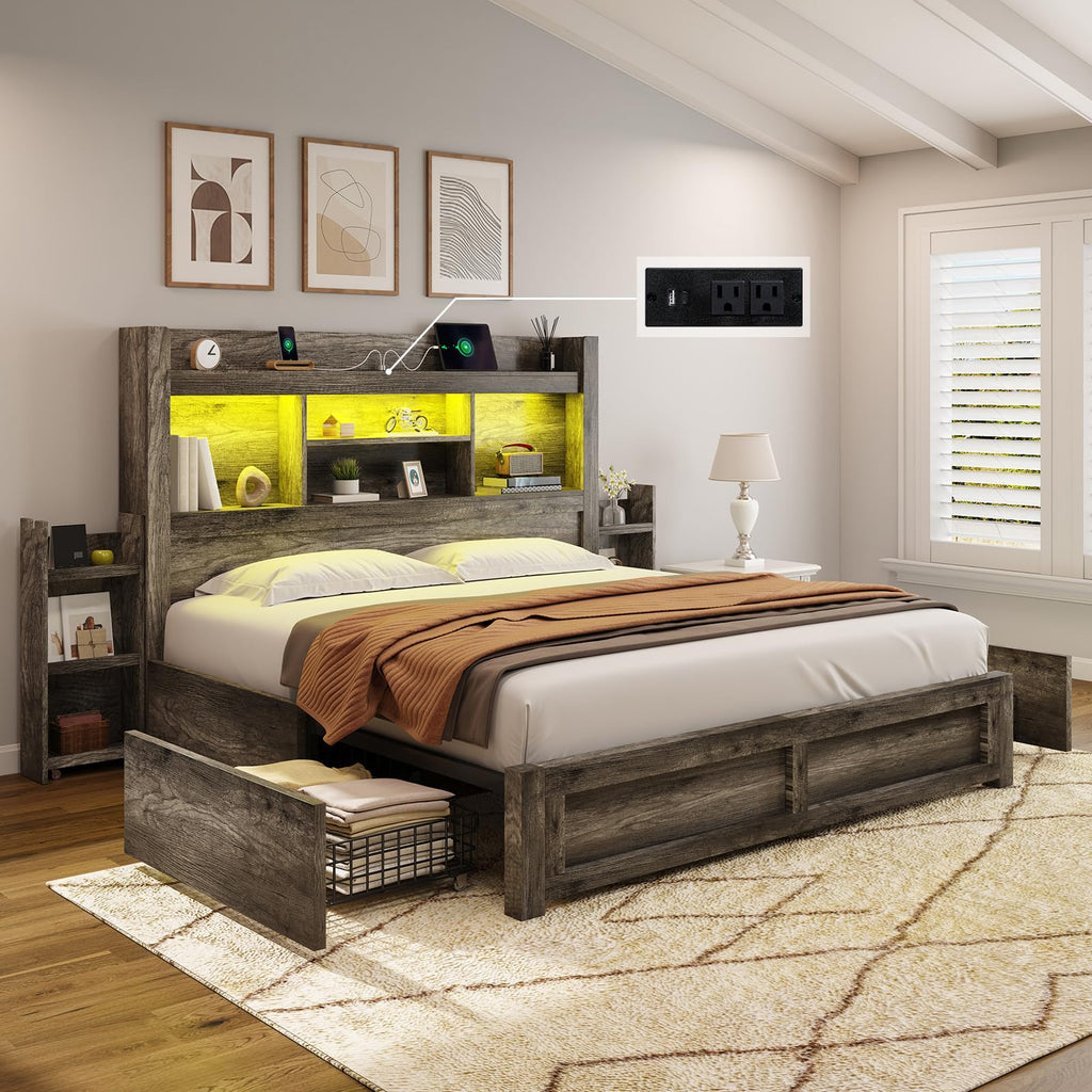 Bed Frame with Bookcase Headboard & Storage, Rustic Grey