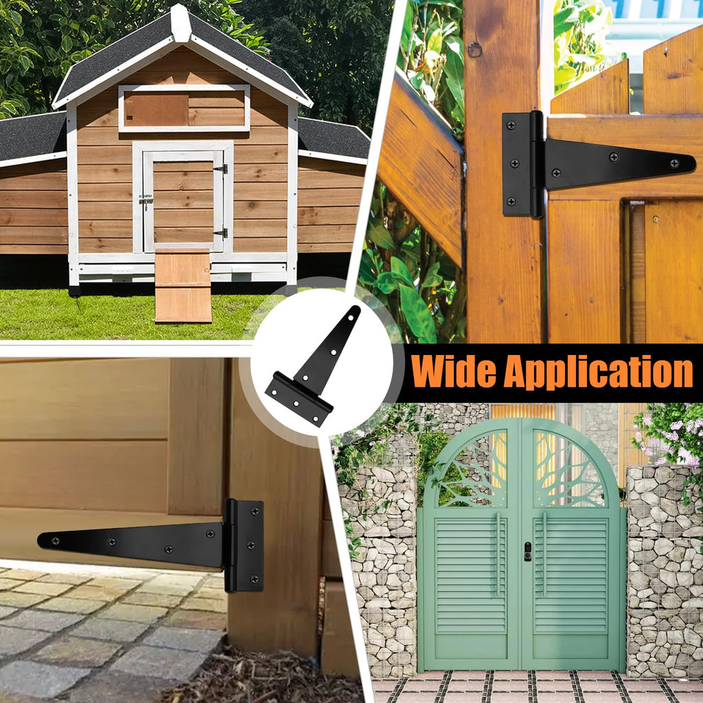 2 Pack 6 Inch T-Strap Shed Door Hinges Heavy Duty, Black Thickened Tee Gate Hinges for Barn Door, Shed or Wooden