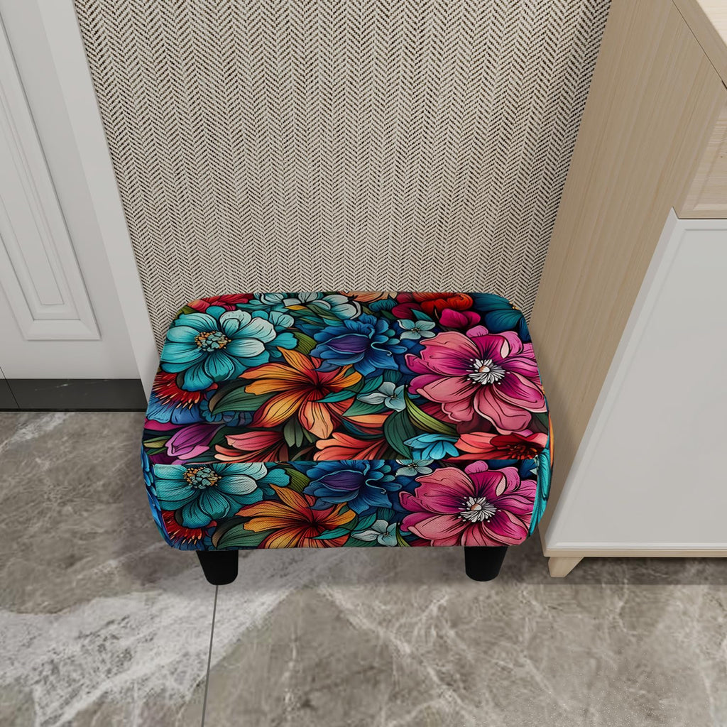 Flower Small Foot Stool Ottoman, Vintage Floral Linen Footrest for Couch