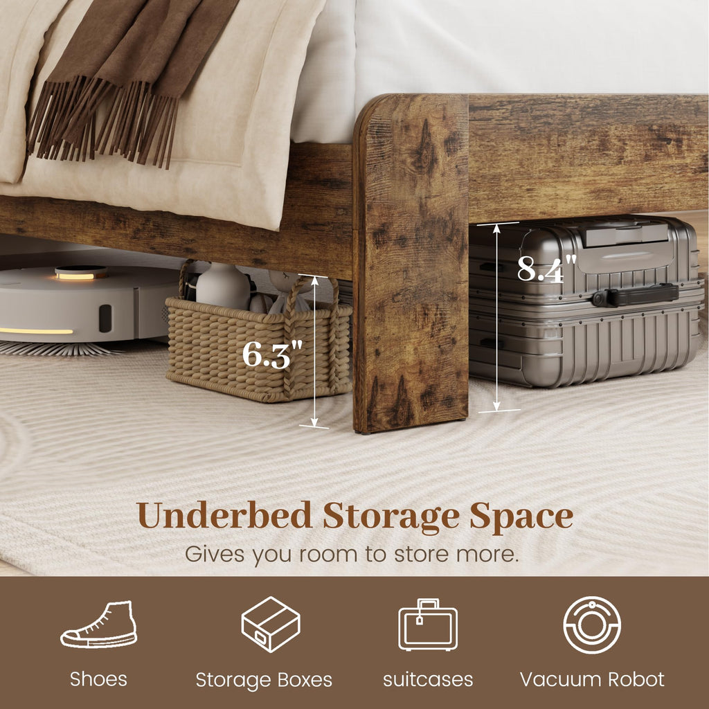 Bed Frame, 2-Tier Storage Headboard Platform Bed, Rustic Brown