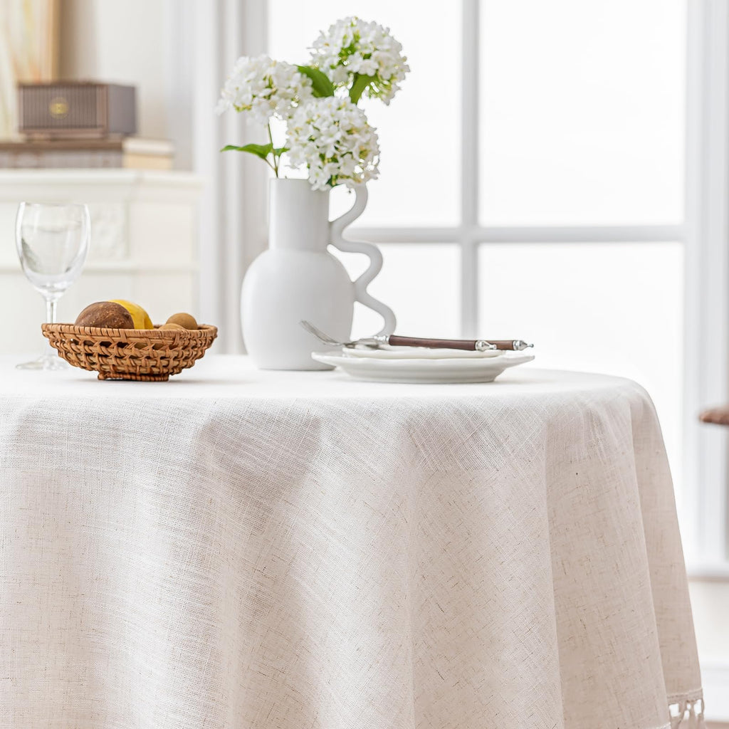Cream Round Tablecloth 55 Inch, Linen Look