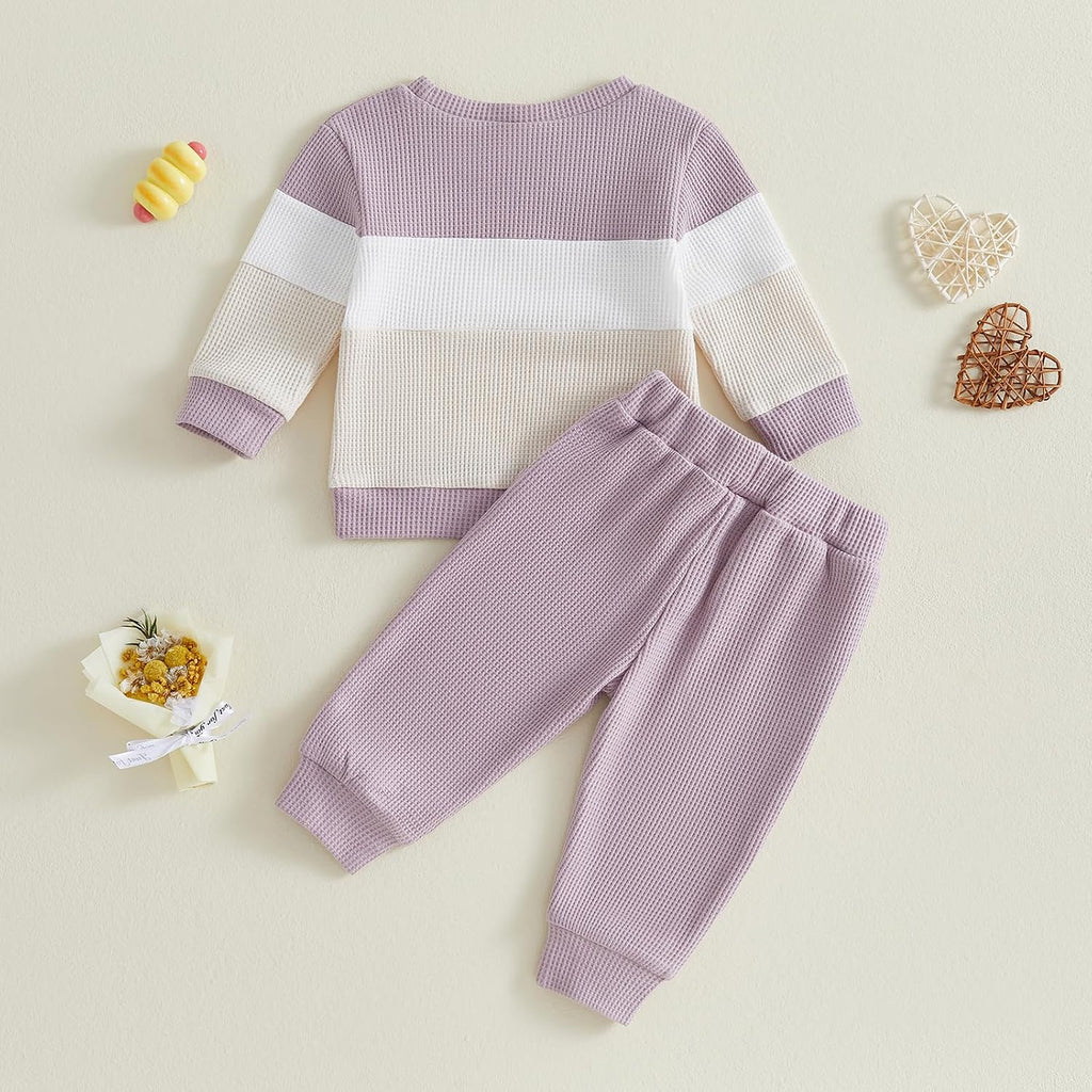 Toddler Baby Girl Fall Clothes Contrast Waffle Knit Outfit Sweatshirt Pants