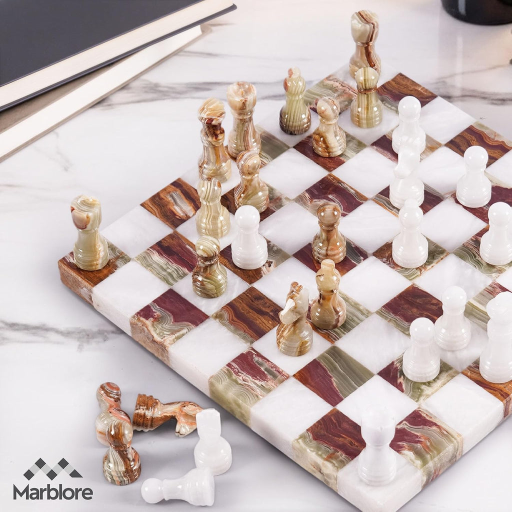 Marble Chess Set for Adults 10 Inch Handmade White and Green Luxury Decorative Chess Board with 32 Chess Pieces & 2 - Set of 34