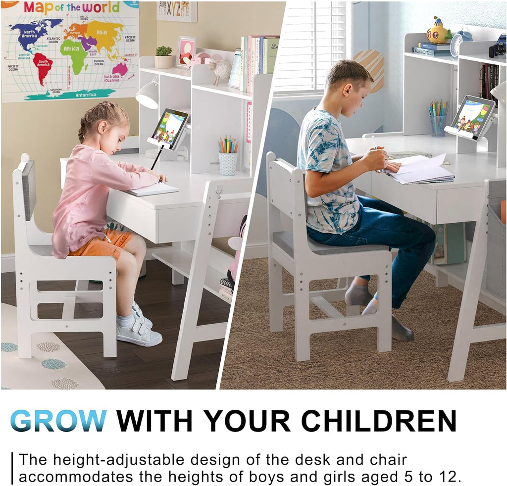 Kids Desk and Chair Set, Height Adjustable Kids Study Table, Ages 5-12