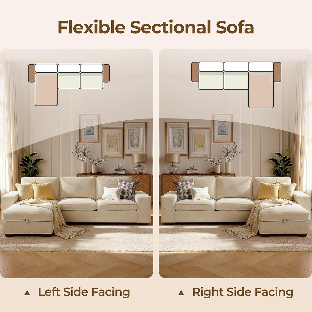 99" L-Shaped Sofa with Storage Chaise, Modern Sectional Couch, Beige