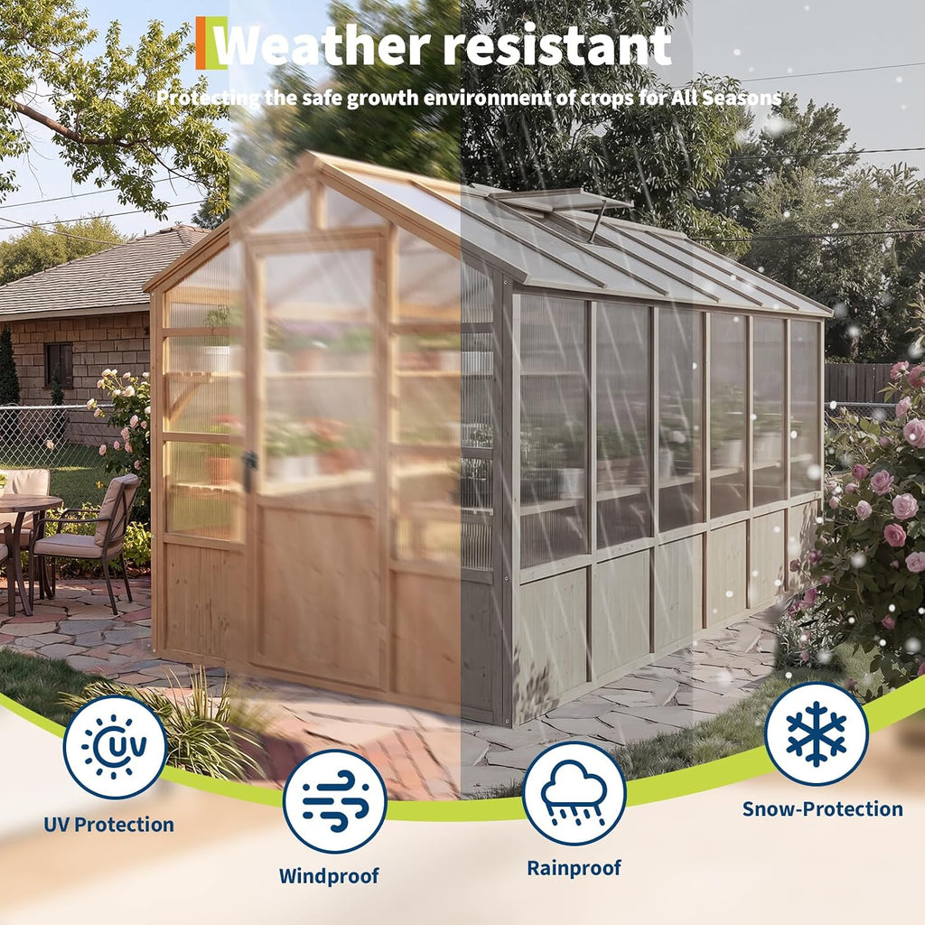 Heavy Duty Walk-in Wooden Greenhouse Kit, 4mm Polycarbonate Panels Green House with Adjustable Vents and Lockable
