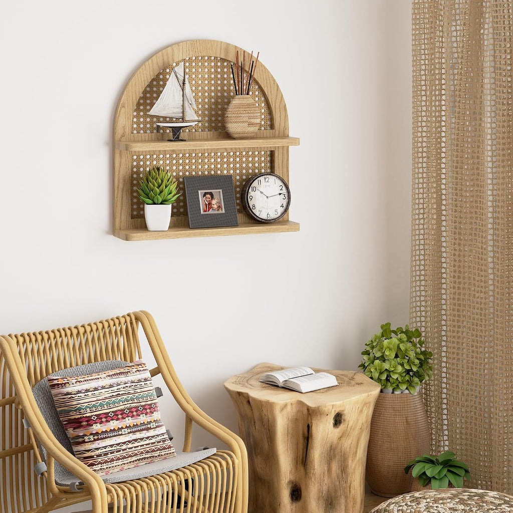 Wood Boho Rattan Wall Shelf - 2-Tier Arched Wicker Floating Shelf Natural Wood New Boho Shelf, Rustic Farmhouse