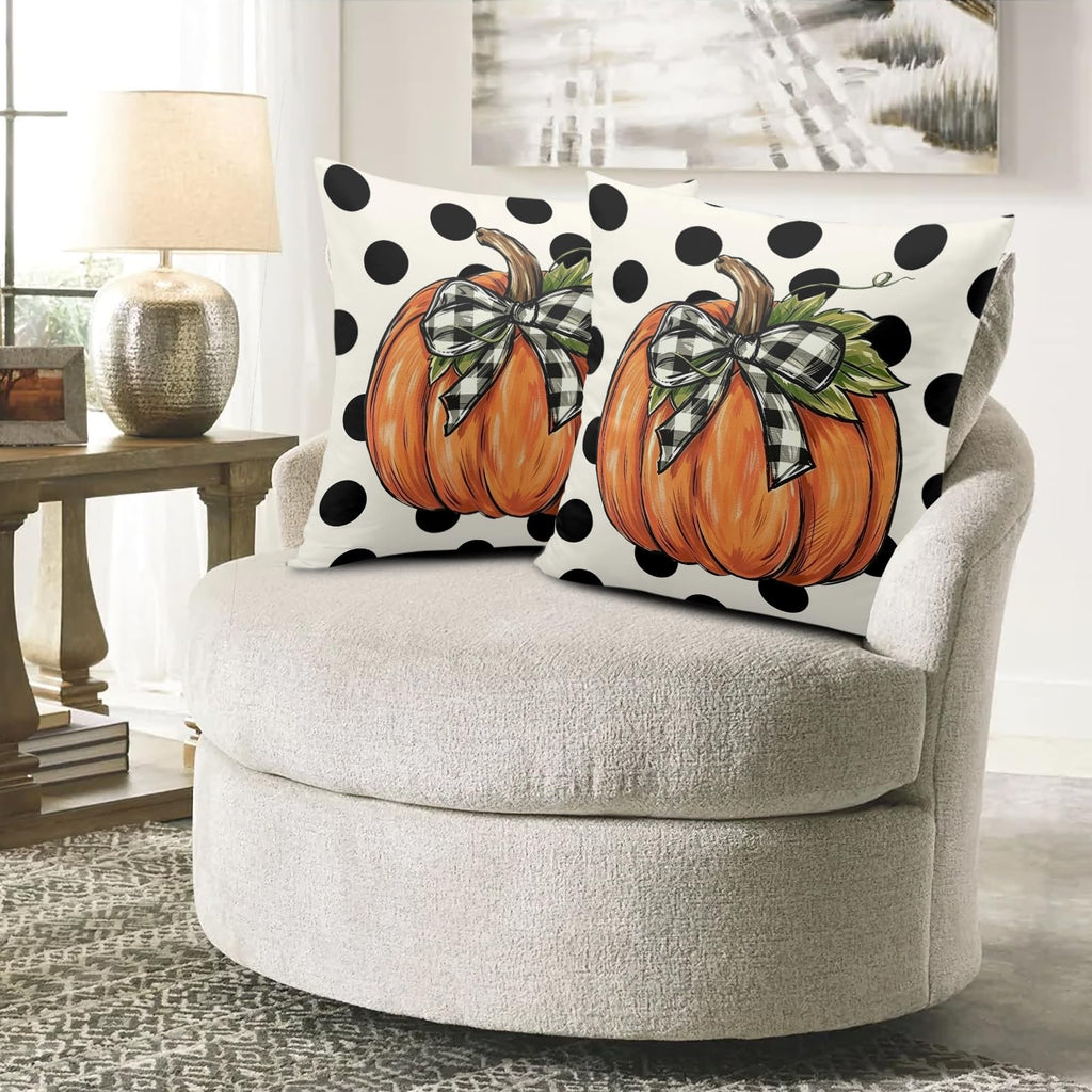 Fall Pumpkin Pillow Covers 16x16 Set of 2 Black Polka Dot Buffalo Plaid Bow Autumn Throw Pillow Cases Rustic