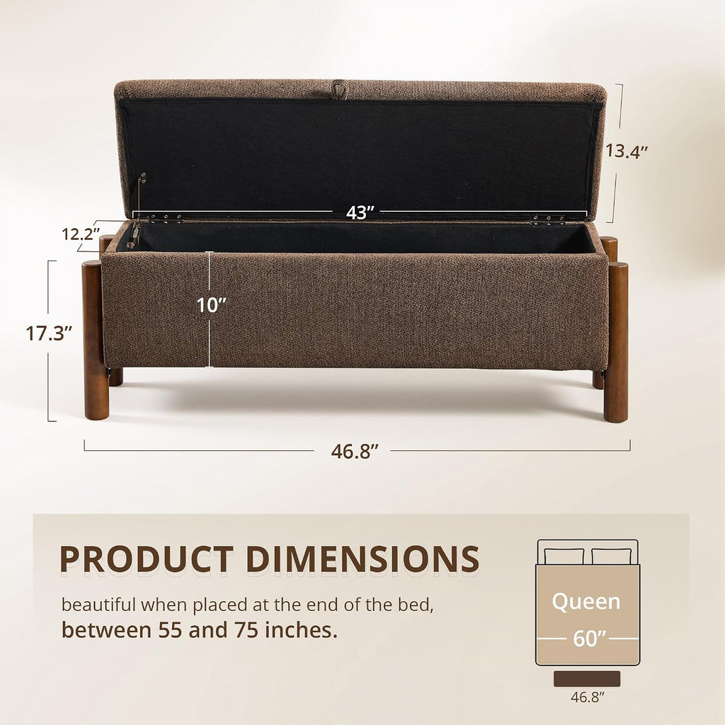 47'' Modern Storage Ottoman Benches with Walnut Wood Legs Ottoman Bench with 22 Gallons Storage Space Fabric