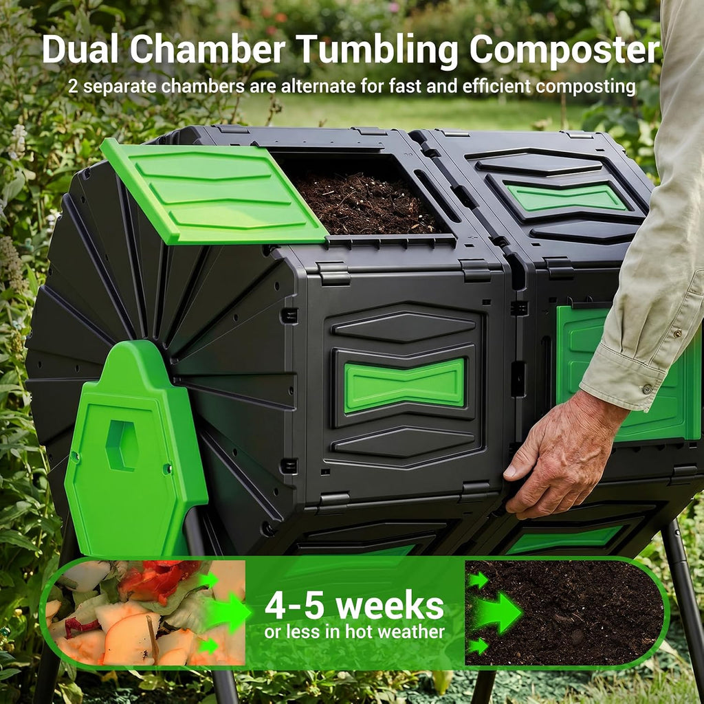 Compost Tumbler, Easy Assemble & Efficient Outdoor Compost Bin, 45 Gallon/170 Liter Large Dual Chamber Rotating