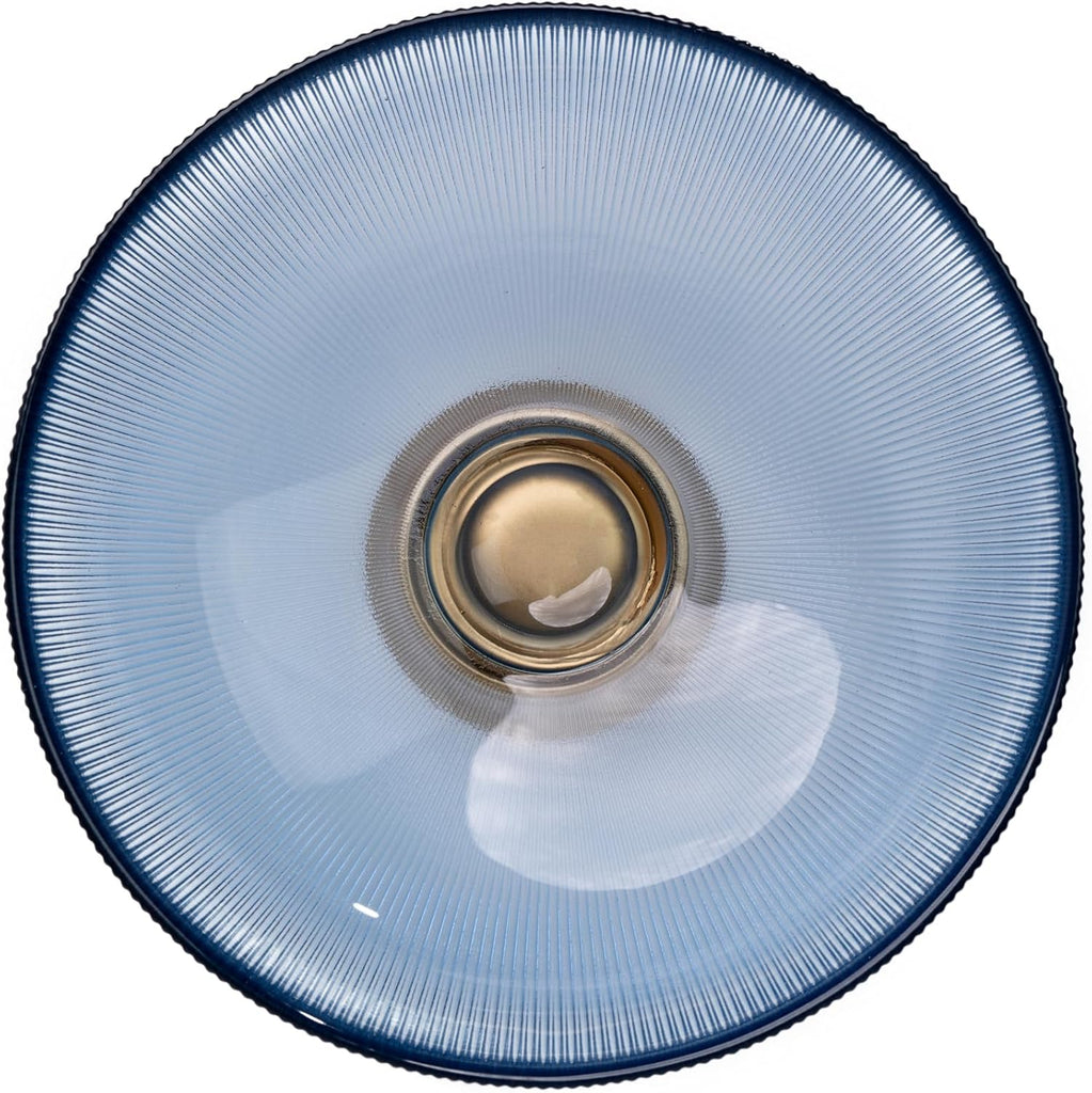Round Glass Decorative Bowl (Blue), 9.8 Inches Handblown Striped Design Glass Bowl with Rust Resistant Metal