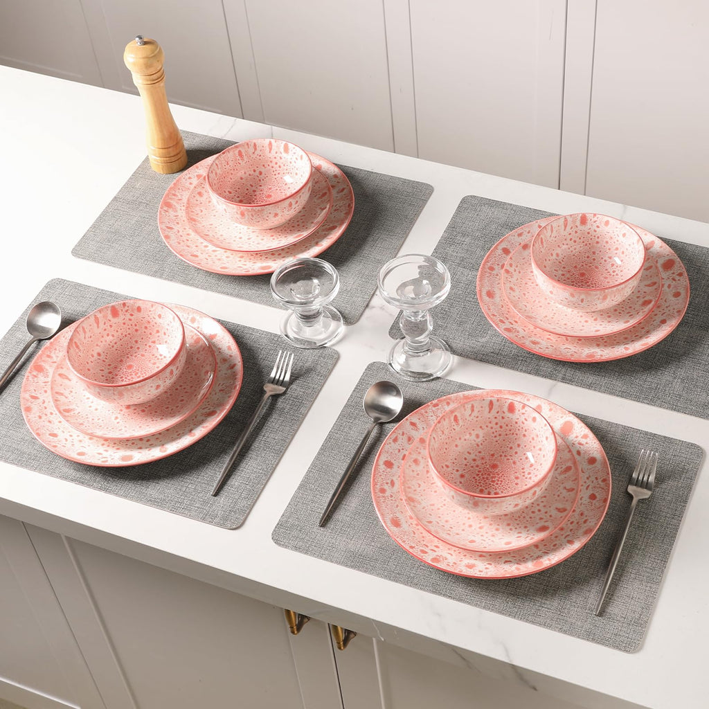 12 Pcs Speckled Glaze Ceramic Dinnerware Set for 4, Coral Pink